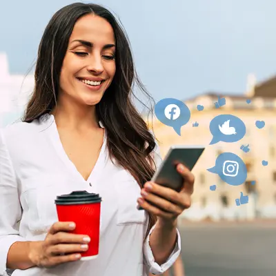 Real Estate Agent with Mobile Phone & Facebook Instagram Twitter Icons Real Estate Agent with Mobile Phone & Facebook Instagram Twitter Icons