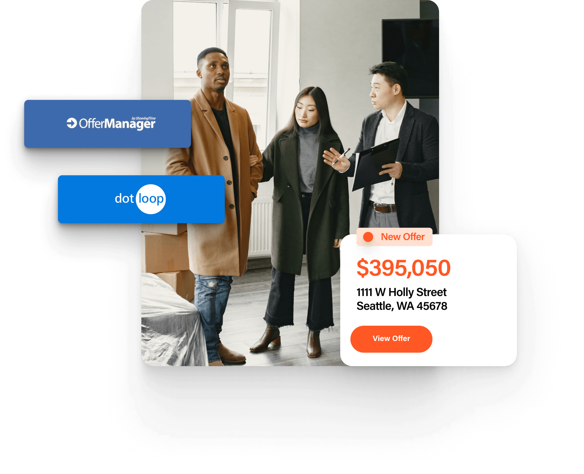 Two people touring a property with their real estate agent who uses ShowingTime Offer Manager and dotloop. Two people touring a property with their real estate agent who uses ShowingTime Offer Manager and dotloop.
