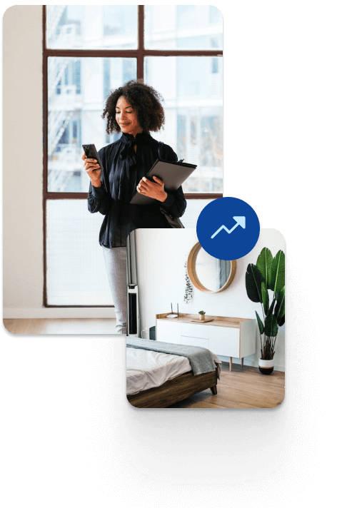 A real estate agent looking at a phone and smiling, pleased with the property photos ShowingTime+ provided for her listing. A real estate agent looking at a phone and smiling, pleased with the property photos ShowingTime+ provided for her listing.