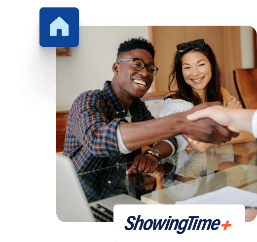 Two people shaking hands and smiling after sitting through a winning real estate listing presentation. Two people shaking hands and smiling after sitting through a winning real estate listing presentation.