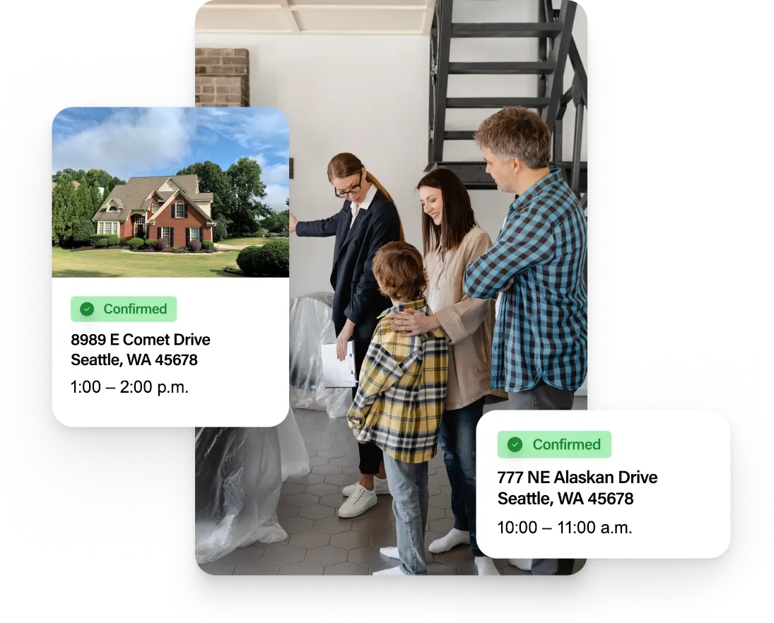 An agent showing people a property, and screenshots of ShowingTime’s real estate scheduling software. An agent showing people a property, and screenshots of ShowingTime’s real estate scheduling software.